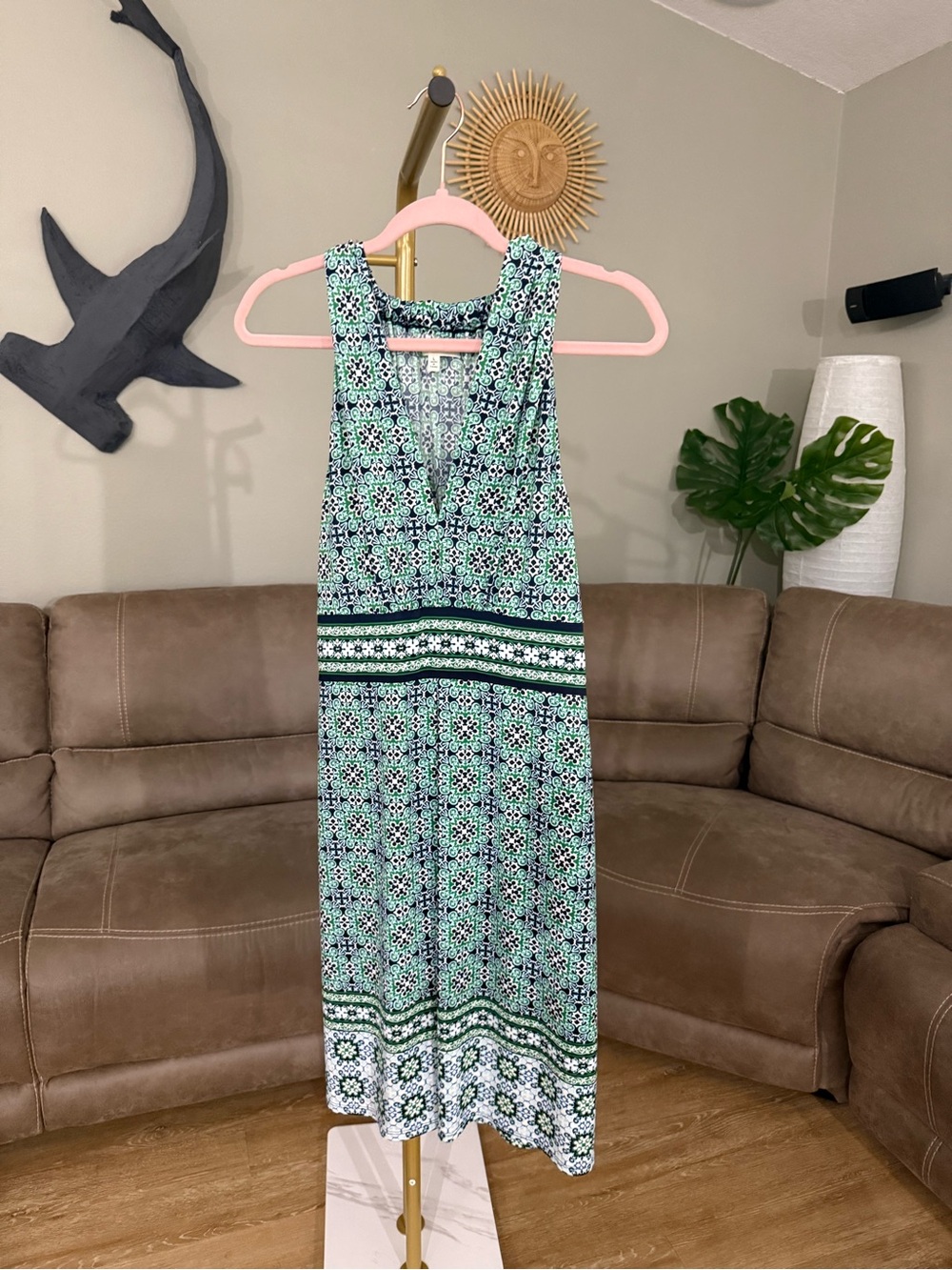 Max Studio Green Blue Print Dress Sz Large Summer Work Casual Resort Vacay Date